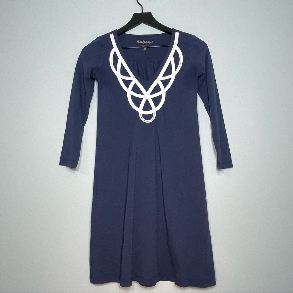 LILLY PULITZER Navy Blue Dress White Roping Detail V-Neck 3/4 Sleeve Size XXS